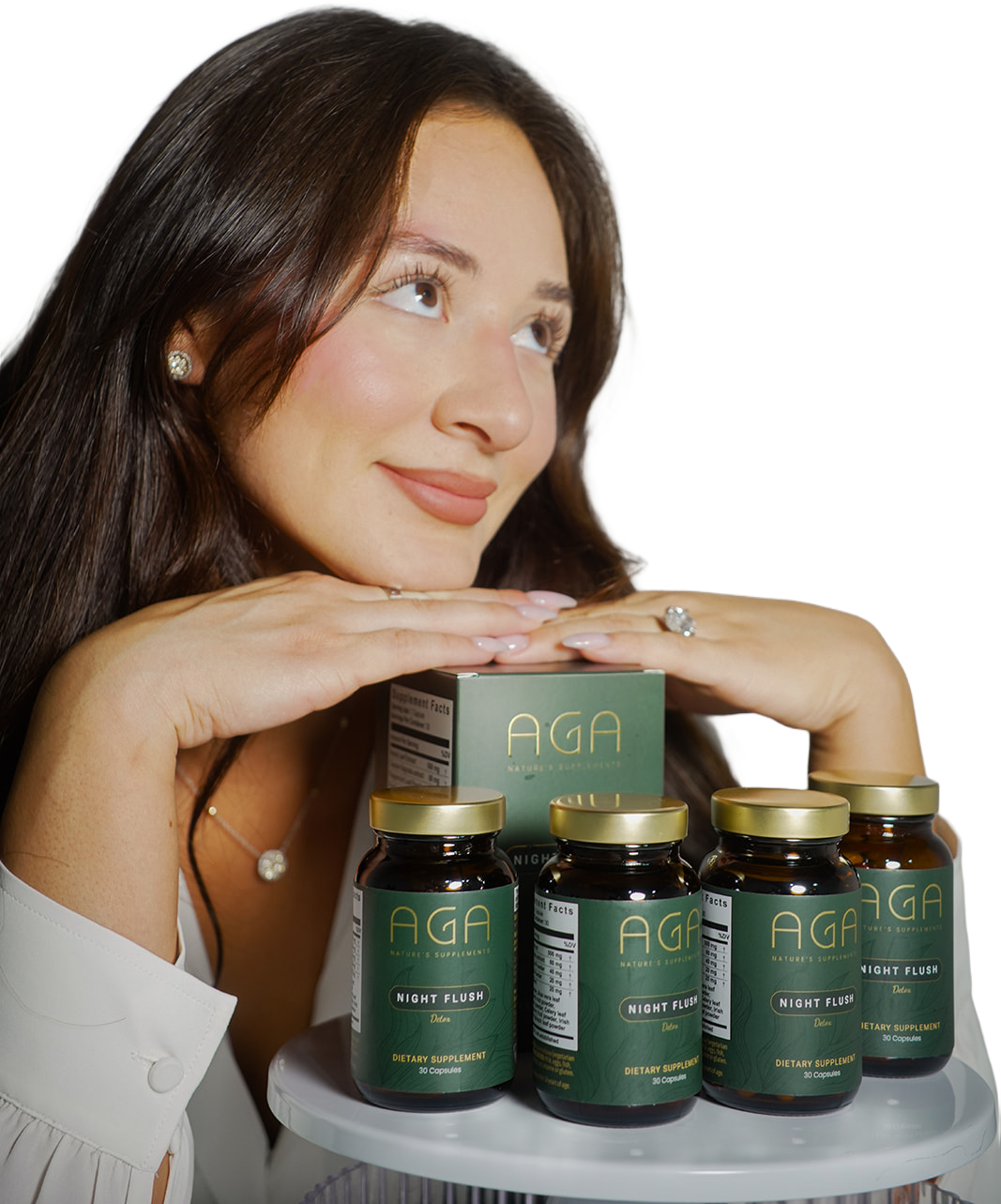 Woman with supplement bottles