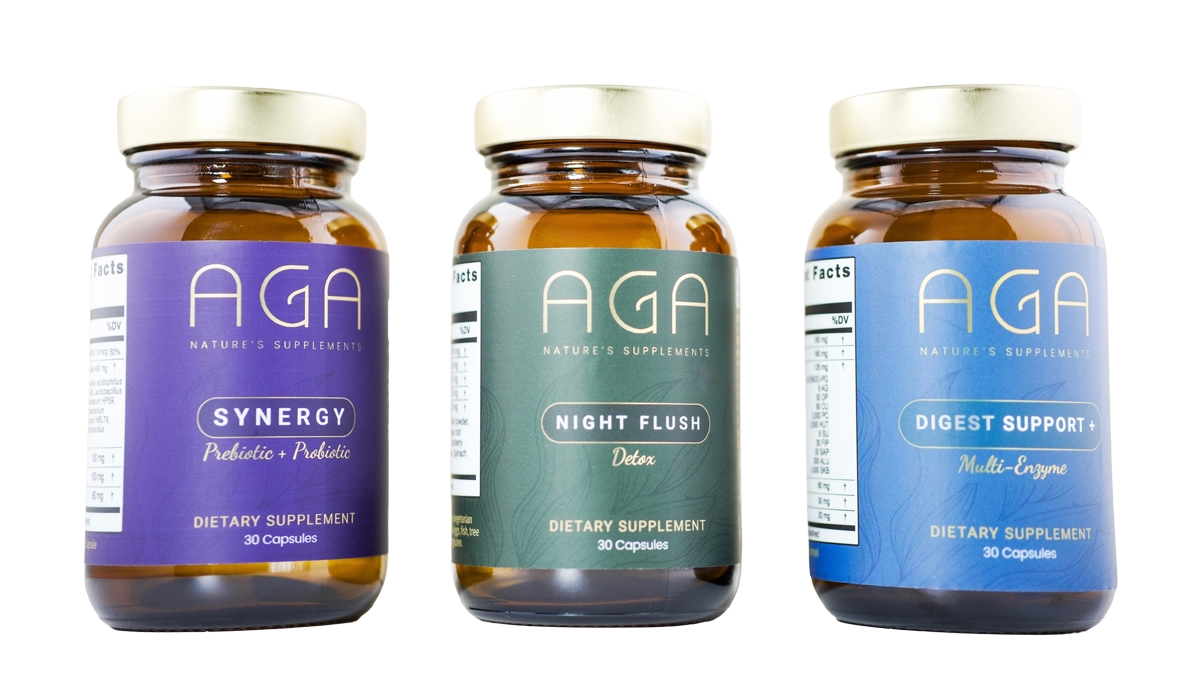 Group of three AGA supplement bottles