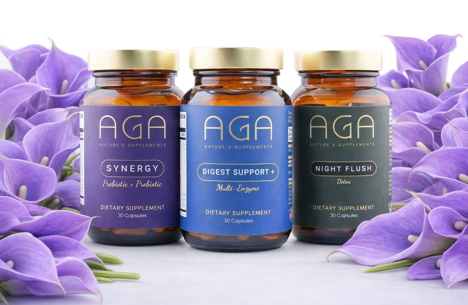 Three AGA Supplement bottles with flowers.